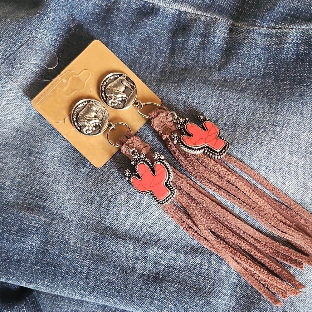 Handcrafted Boho Red Cactus Tassel Dangle Earrings